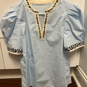 Light Blue Puff Sleeve Top with Leopard Trim